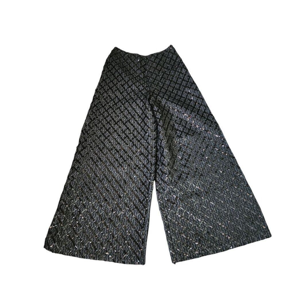 Vintage 60s Wide Leg Sequin Palazzo Pants Womens Size S Black Lined